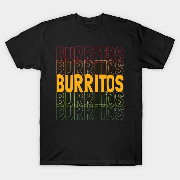 Burritos Repeating Text—Multicolor Text T-Shirt by Rocky Ro Designs